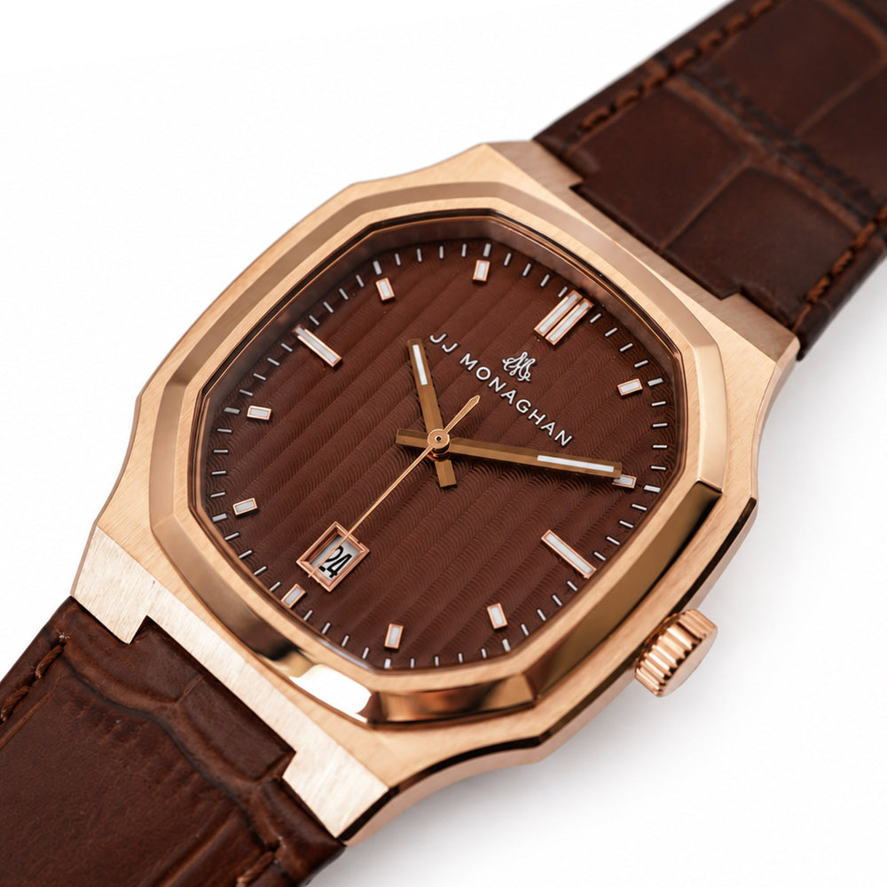 Lomond Ember: the shaped case and textured dial