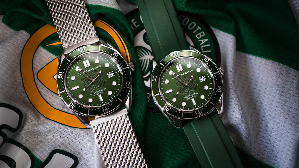 two Celtic FC watches on a Celtic shirt